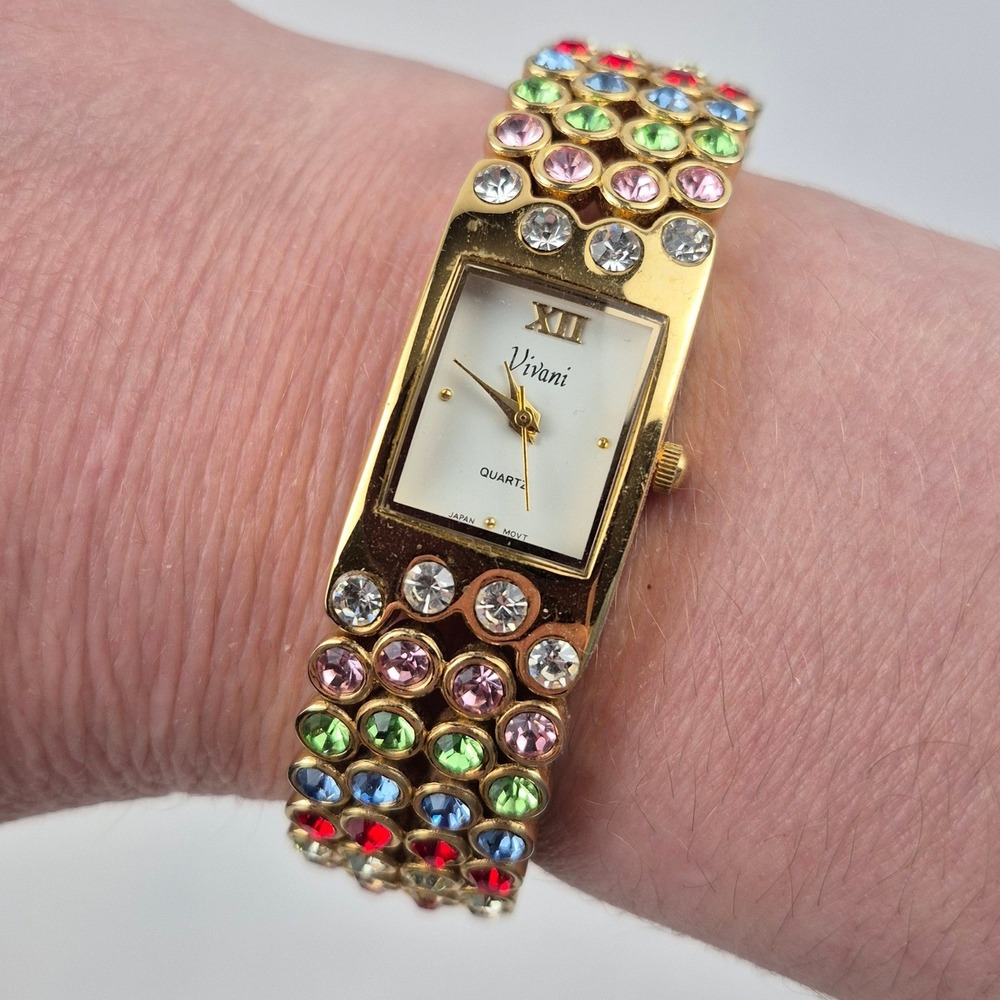 Vivani Rhinestone Cuff Watch Gold Tone Multicolor Japan Movt Vtg Needs Battery - Picture 2 of 11